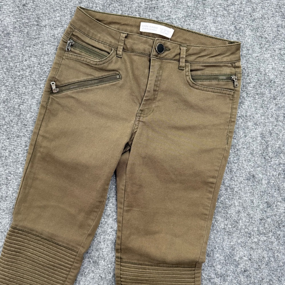 ZARA Z1975 DENIM Women Olive Green Moto Biker Jeans Size 02